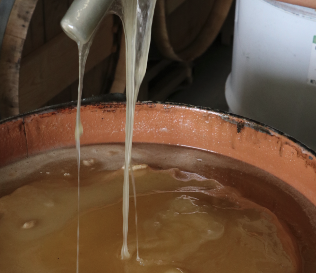 Honey pouring into a bucket
